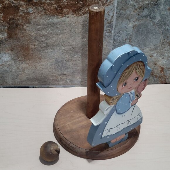 Vintage Wooden Paper Towel Holder Girl Holding Flower Blue Bonnet Dress - Picture 7 of 10
